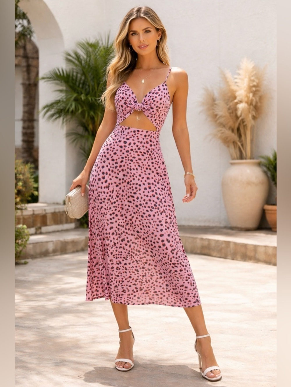 Vici Pink & Black Leopard Print Cutout Knot Maxi Dress Size L - Picture 3 of 12